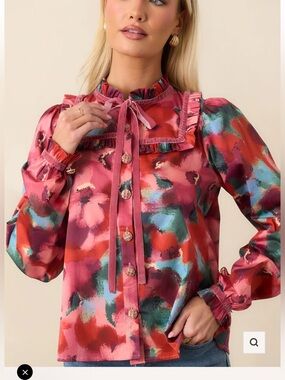 Tie-Neck Ruffle-Trim Floral Blouse in Pink Multi